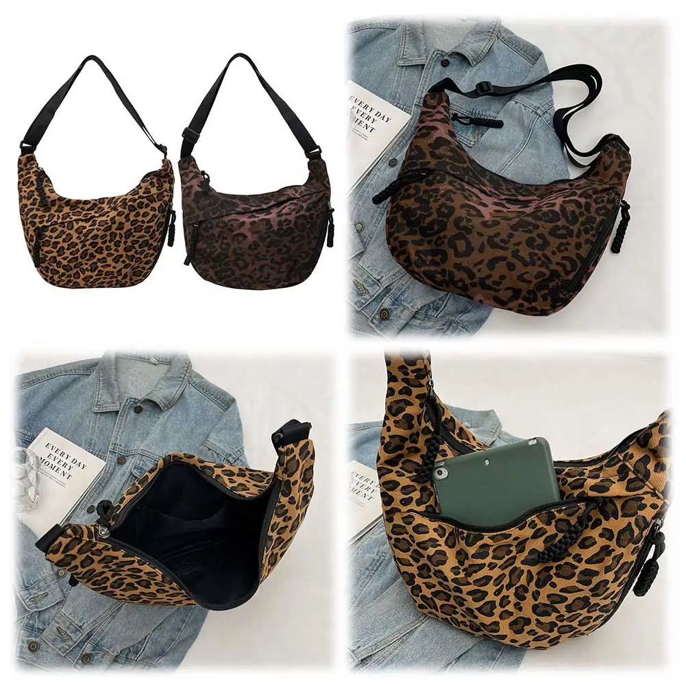 Women Fashion Shoulder Bag Large Capacity Leopard Print Crescent Crossbody Bag Adjustable Strap Half Moon Bag Outdoor Travel Bag