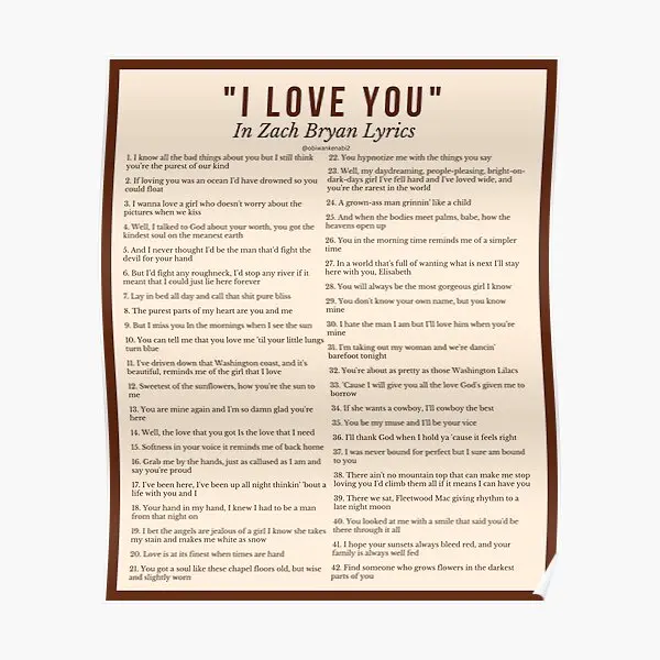 

I Love You In Zach Bryan Lyrics Poster Wall Modern Home Room Vintage Decor Picture Decoration Funny Art Painting Print No Frame
