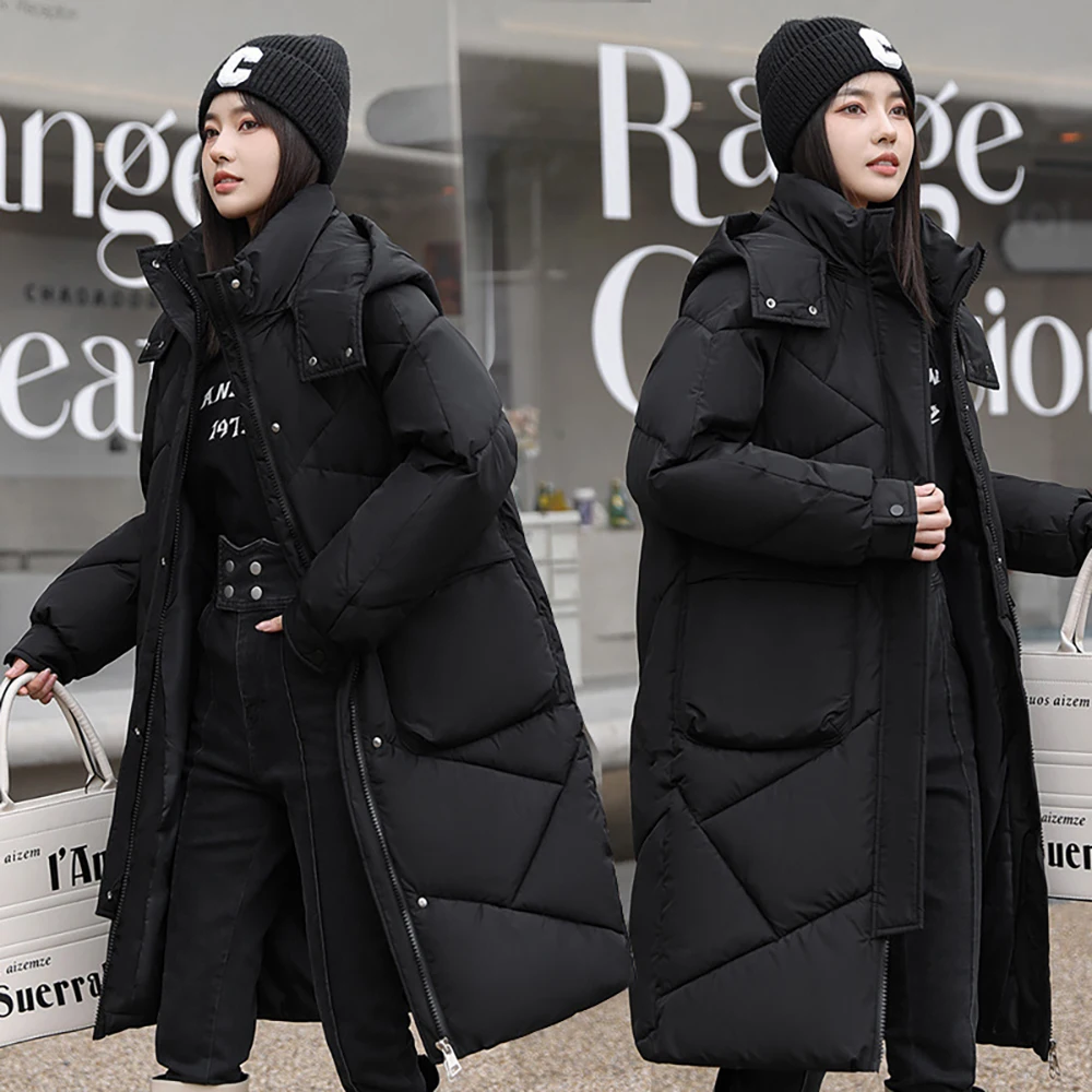 

Women Winter Long Cotton Coats Korean Style Thick Warm Bread Down Cotton Jackets Loose Hooded Coat Padded Parkas Female Overcoat