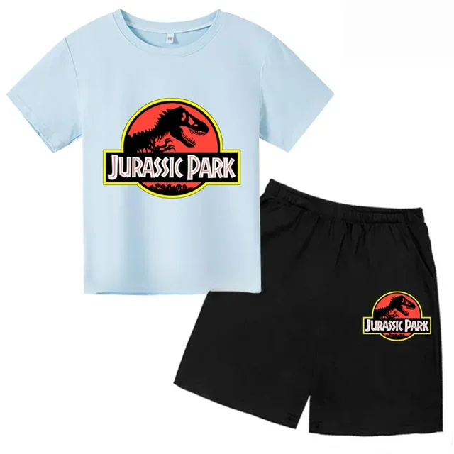 thumbnail image 1 of Conjunto de 2 piezas de camiseta y pantalones cortos con estampado de dinosaurio de Jurassic Park para niños y niñas, con estampado de dibujos animados de verano, 1 of 5