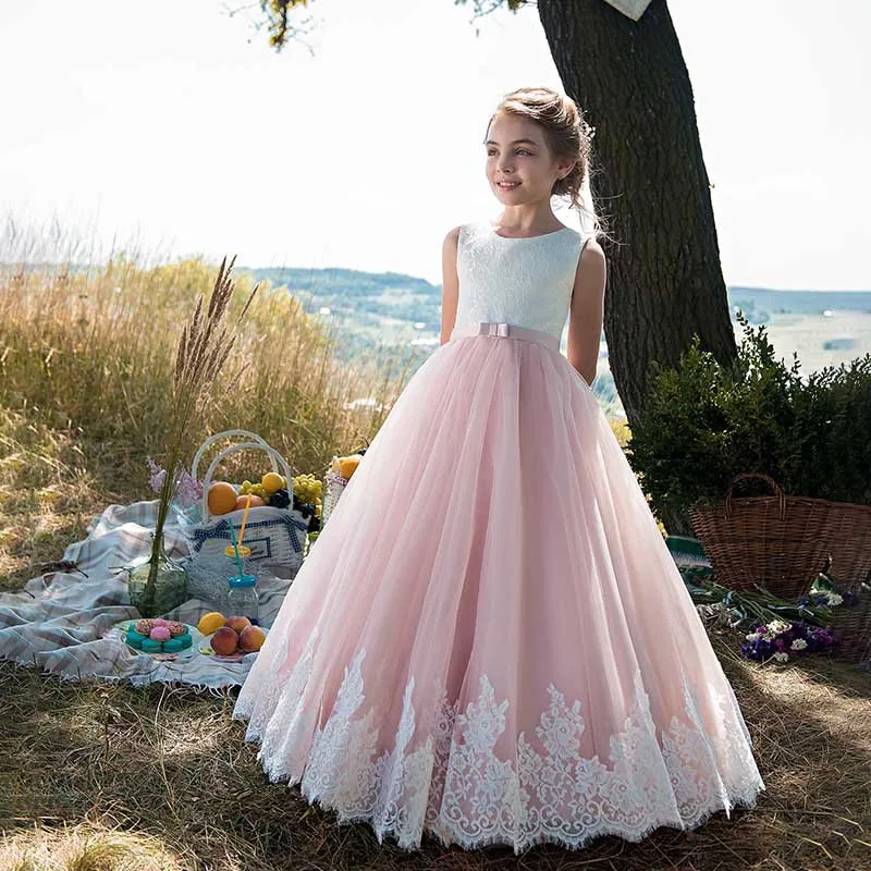 

New Flower Girl Dress High Waist Sleeveless Scoop Neck Ball Gown With Lace Applique Birthday Party For Wedding Floor Length