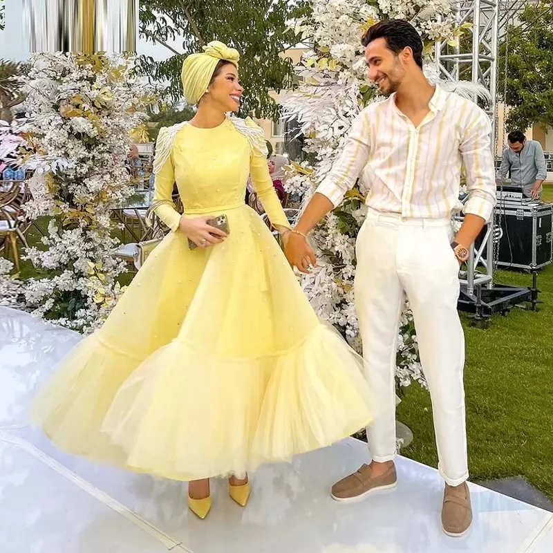 

Light Yellow Muslim Evening Dresses Major Sequins Beads Pearls Ankle Length Women Party Gowns For Long Sleeves Prom Dresses