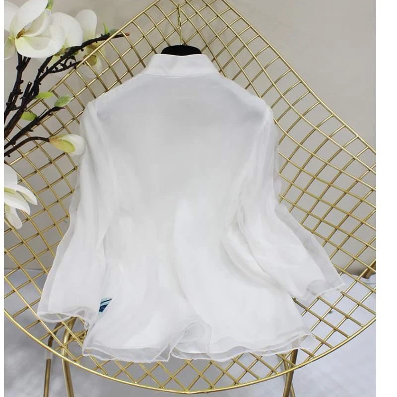 women chinese shirt embroidered top national style Tang shirt retro crane embroidered Chinese top women's new elegant loose white blue Hanbok shirt