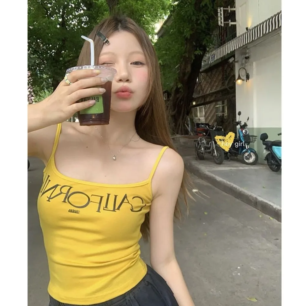

Summer Letter Printed Sling Fashion with Chest Pads Sweet Sleeveless Top Slim Outerwear Reteo Vest Outdoor