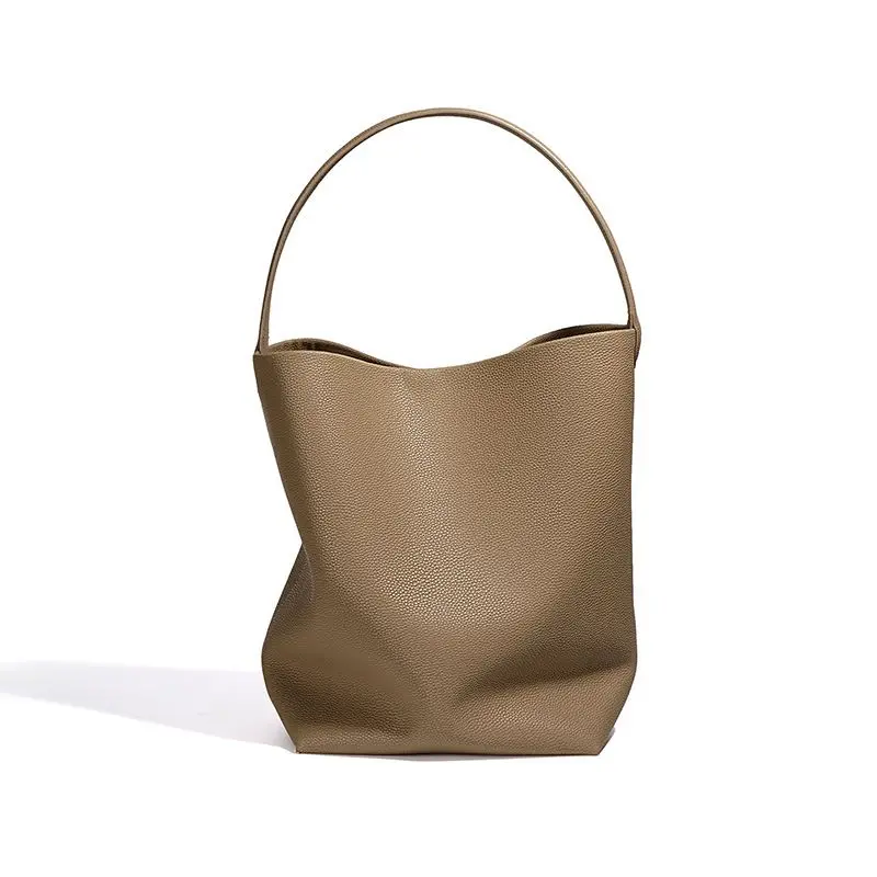 

Soft Cowhdie Minimalism Women Bucket Bag Elegant French Style Lady Large Tote Bag Luxury Thick Real Leather Bag