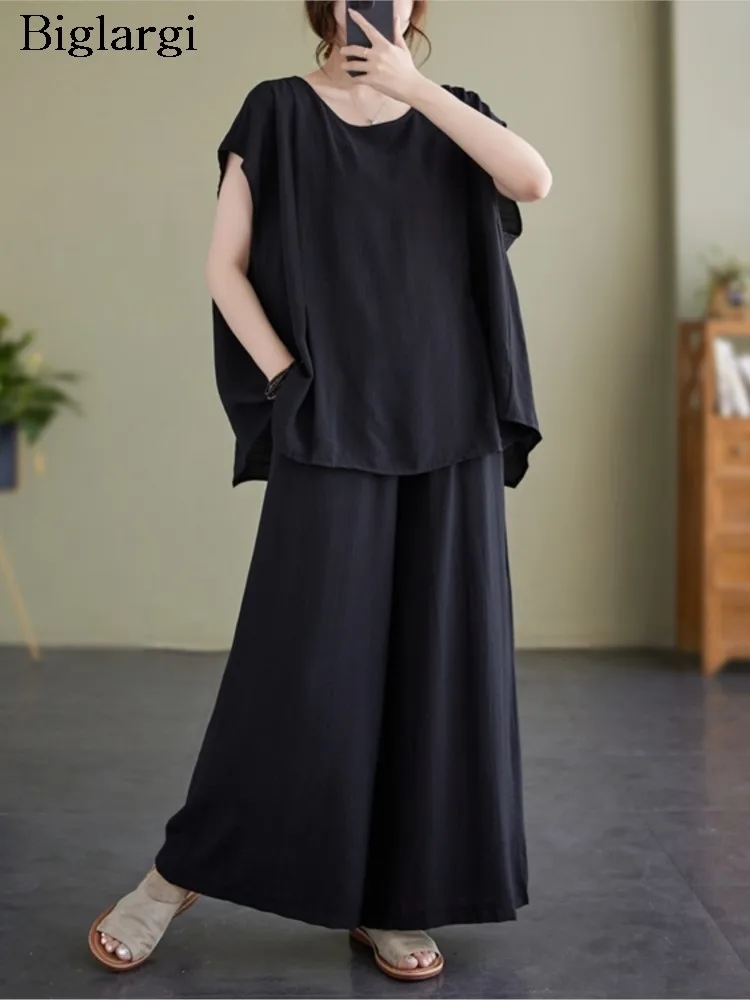 

Oversized Summer 2 Two Piece Set Women Sleeveless Loose Casual Fashion Ladies Blouses Elastic Waist Pleated Woman Wide Leg Pant