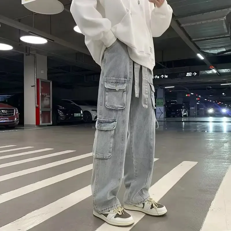 Hong Kong Style Loose Wide Leg Straight Casual Jeans Men's Workwear Denim Pants Multi-Pockets American Street Style Spring Autum
