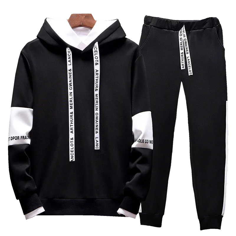 

Men Hoodie Set Tracksuit Set Hooded Sweatshirt + Pants 2 Pcs Basic Hoody Pullover Set Black Slim Fit