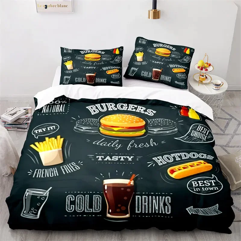 Creative Fast Food Duvet Cover Pizza Hamburger Print Comforter Cover Microfiber Bedding Set King Queen For Kids Teen Room Decor