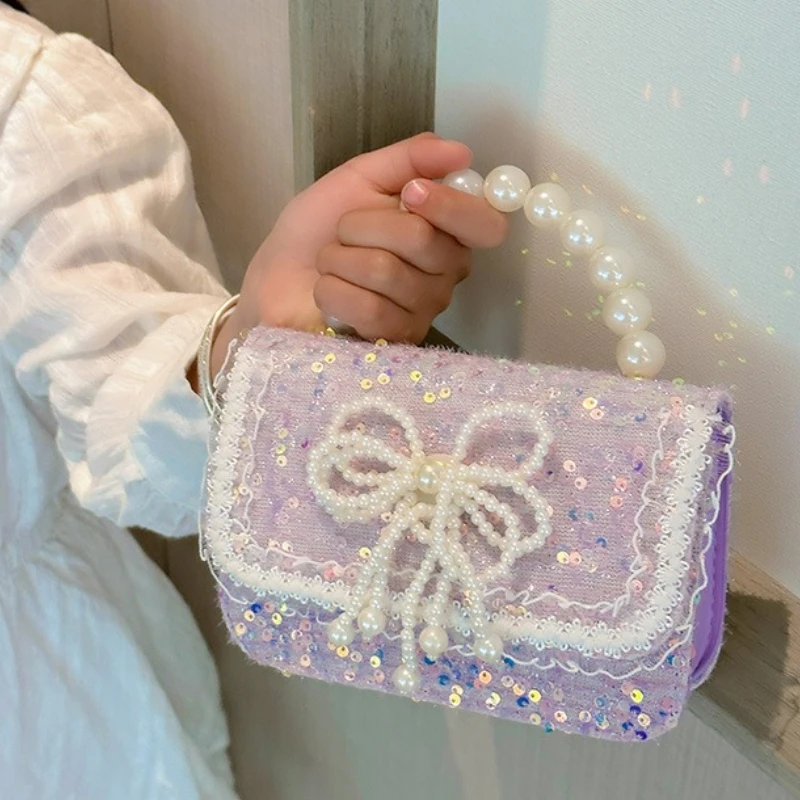 Pearl Beaded Children's Small Square Shoulder Bag Sweet Bow Sequin Girls Messenger Bags Lovely Princess Handbags Accessories