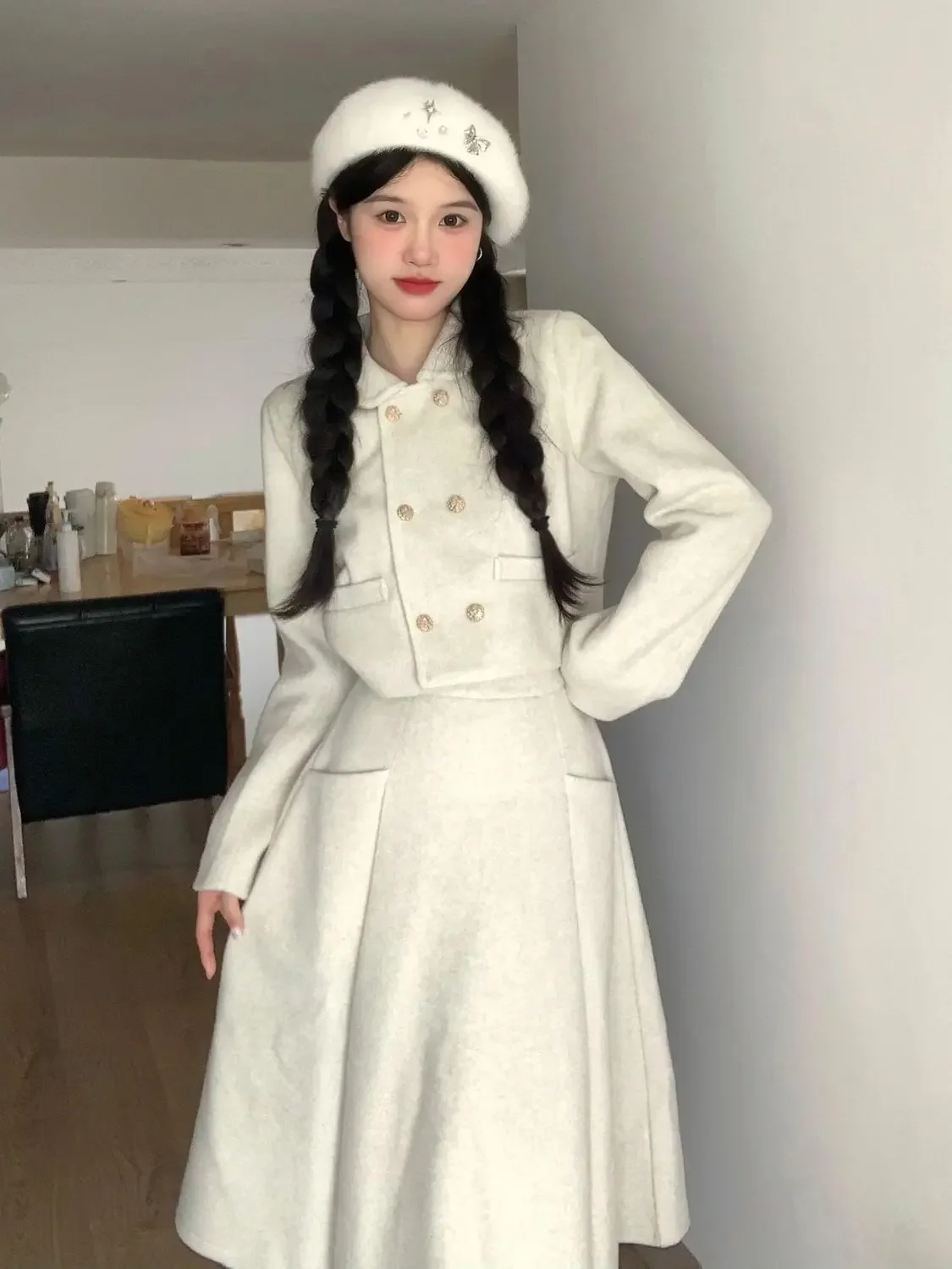 

Pure desire long-sleeved small fragrant cardigan jacket + temperament ins style tweed long half-body skirt suit winter retro