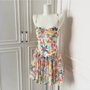 여성용 플라워 프린트 A 라인 비치 원피스, Y2k 빈티지 우아한 민소매 오프 숄더 미니 원피스 파티 클럽 원피스 프록, 여름