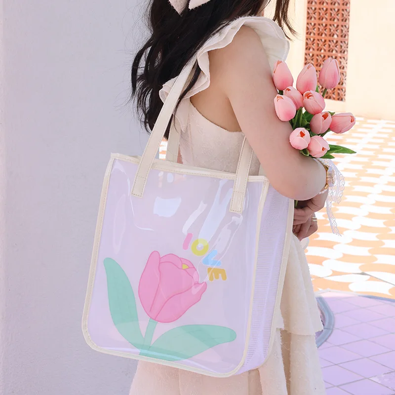 

Summer Shoulder Bags Women's Portable Large Capacity Handbags Outdoors Swimming Transparent PVC Waterproof Beach Tote Bag