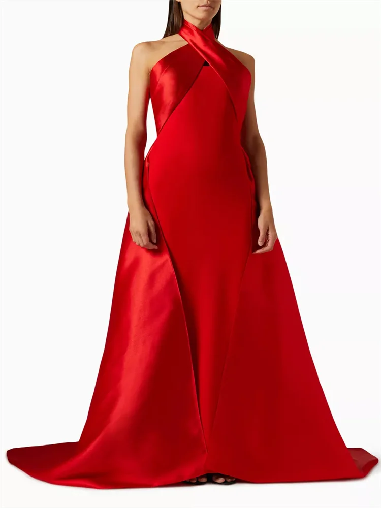

Hot Selling Wraparound Halterneck Mermaid Satin Prom Dress Elegant Open Back ZipperFloor Length Sweep Train Gown For Women 2024