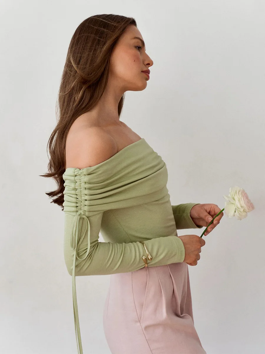 Bornladies Women's Trendy New Autumn Winter Off The Shoulder Long Sleeve T Shirt Drawstring Sexy Slim Fit Base Top