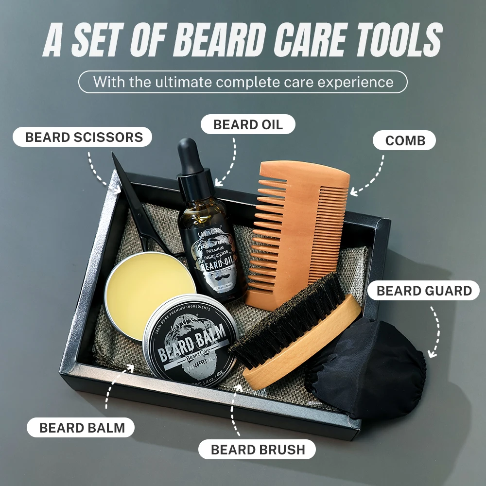 7pcs/sets Men Beard Kit Beard Promote Enhancer Thicker Mustache Grooming Beard Care Oil Moisturizer Wax Balm with Comb Scissor - Image 5