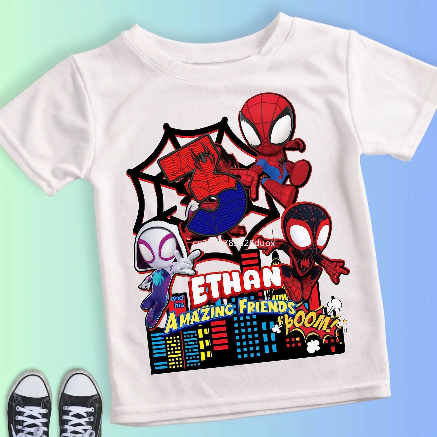 Summer Kid 2 3 4 5 6 7 8 9 Spider Man and His Friends Birthday White Shirt Spider-Man Customized Name Birthday Party Boy T-shirt 2