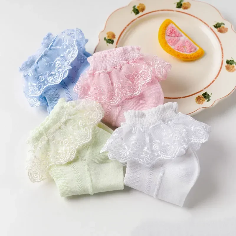 Spring Summer Breathable Cotton Lace Ruffle Princess Cute Thin Mesh Socks Children Ankle Short Sock Solid White Baby Girls Kids