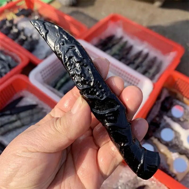 Natural Black Obsidian Dagger Carving Decoration Healing Crystal Reiki Figurine Quartz Gemstone Ornament Gift 1PCS 6
