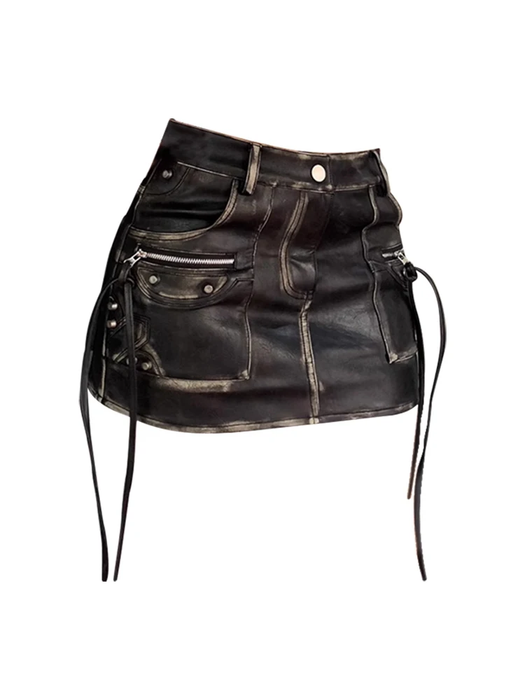 

Women Vintage Pu Faux Leather Mini Hip Wrap Skirt Gyaru Punk Design 2000s Aesthetic Tide Y2k Streetwear Cyber Grunge 90s