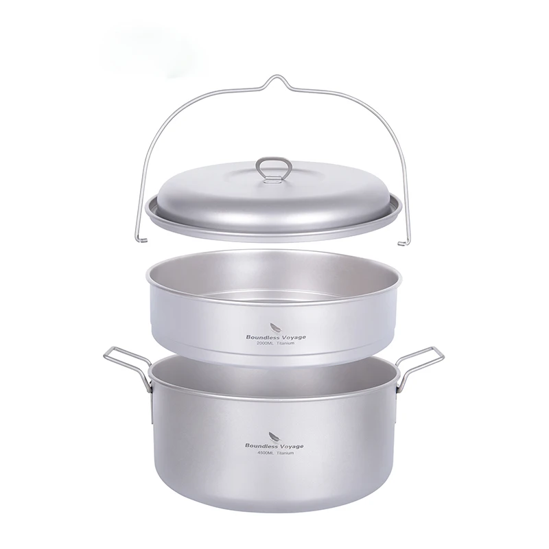 Boundless Voyage Titanium Steamer Soup Pot Set 3-5 Person Lightweight Outdoor Travel Camping Cookware Stockpot with Hanging Ring 2