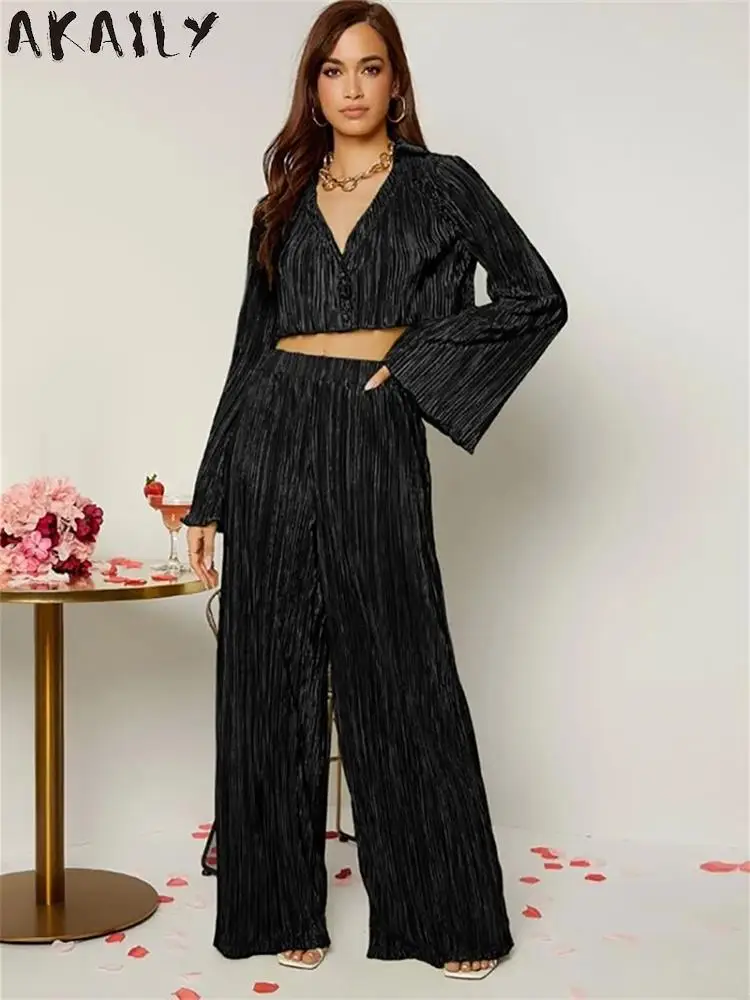 

Akaily Fall Black Ruched 2 Two Piece Pants Sets Women Outfits 2022 Flare Sleeve Crop Top And Wide Leg Pants Ladies Matching Sets