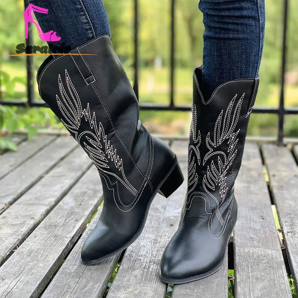 Embroidered Women Ankle Boots 2023 Hot Sale Chunky Heeled Slip On Western Boots Vintage Cowgirl Boots Casual Versatile Boots