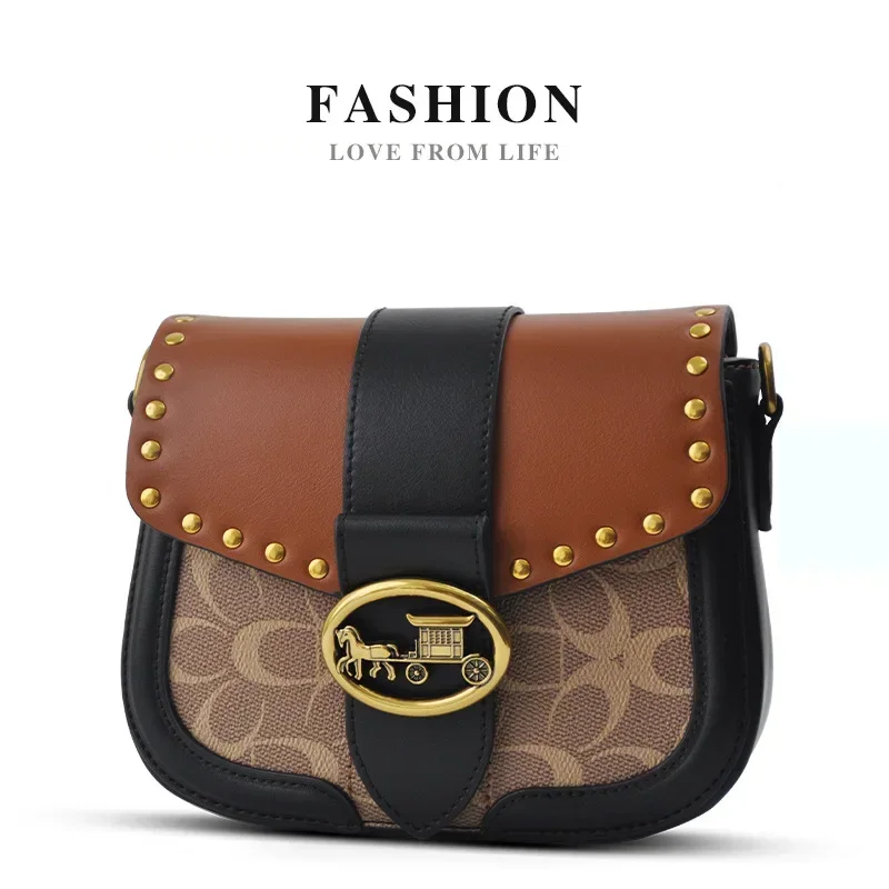 

Luxury Brand Fashionable Retro Contrasting Saddle Bag with High Texture and Versatility Crossbody Rivet Women's Shoulder Bag