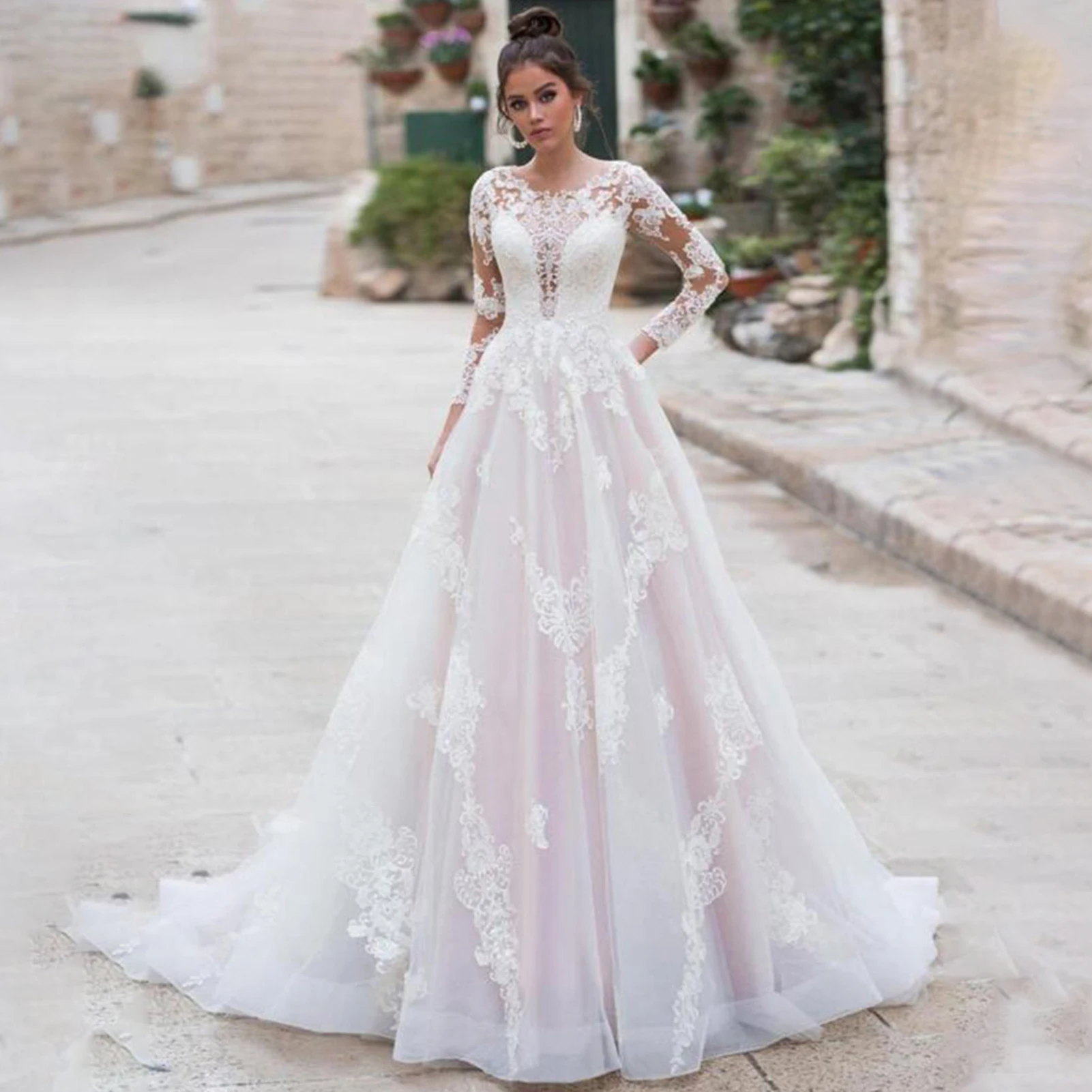 

Fashion Appliques A-Line Wedding Gown Elegant Long Sleeve Tulle Scoop Neck Bridal Dresses Train Button For Women Robe De Mariée