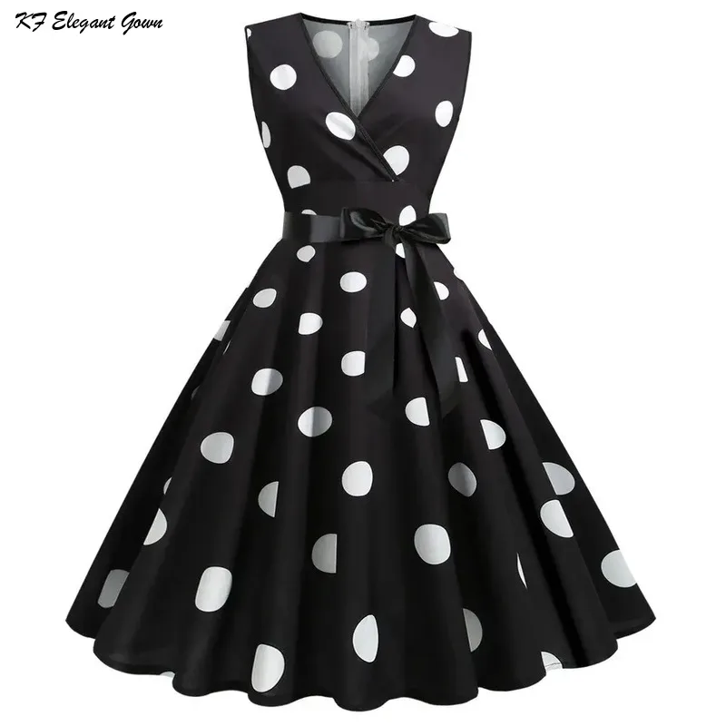 

Summer Dresses for Women Sleeveless Retro Hepburn 1950s 60s Rockabilly Polka Dot V-neck Pinup Party Robe Swing Vestidos