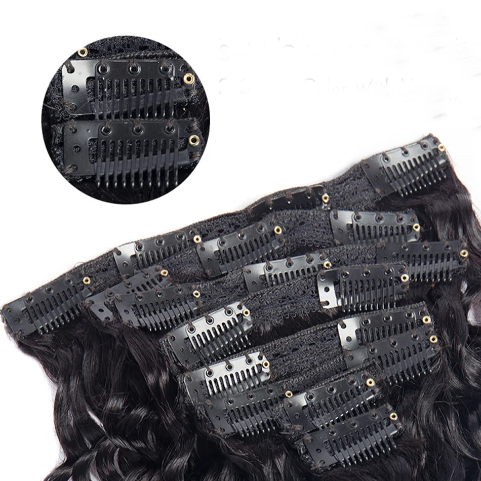 Human Hair Deep Wave Clip In Hair Extensions Brazilian Clip In 8 Pcs/Set Natural Black Color Ins Remy 8-26 Inch 120G hair extensions