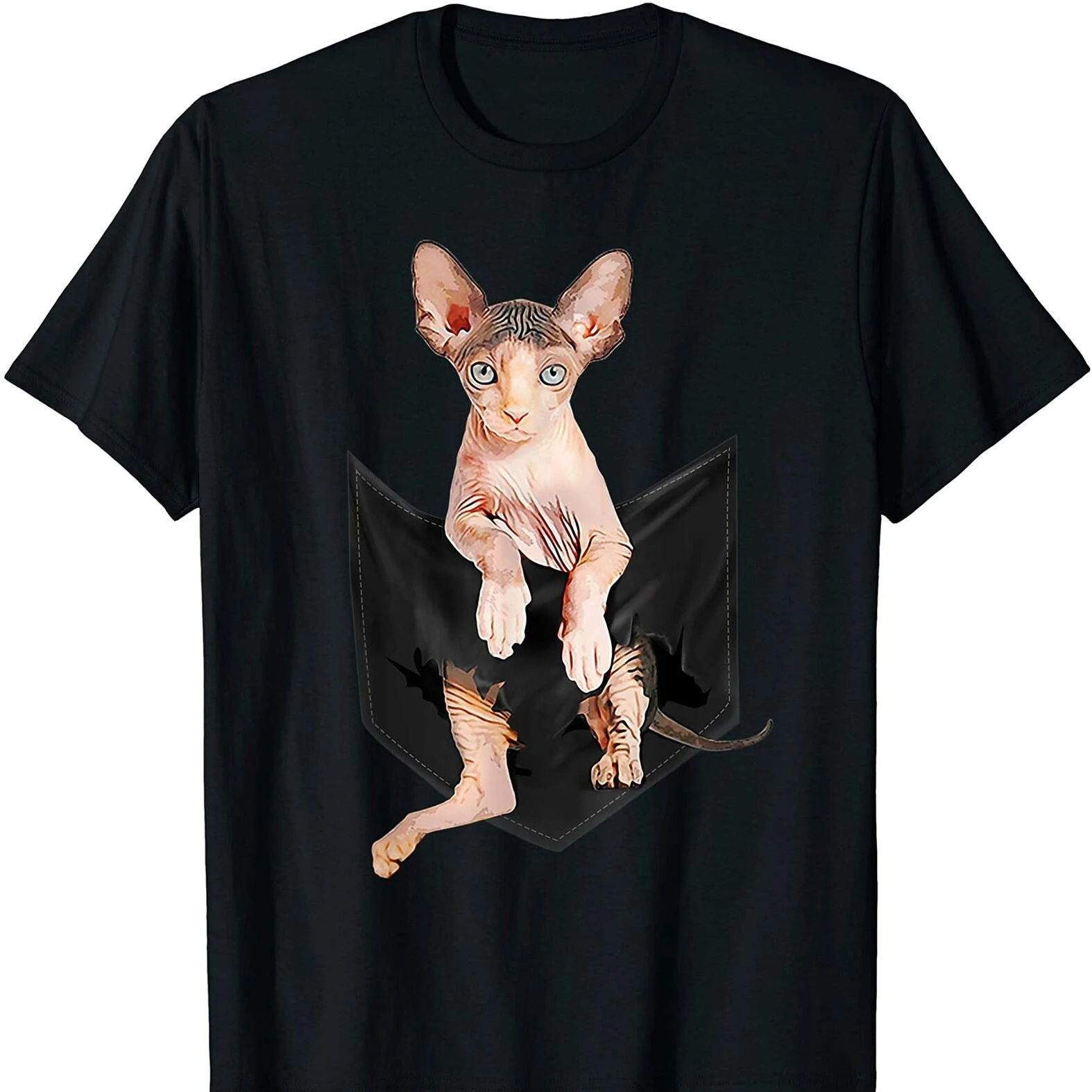 

Funny Sphynx Cat In Pocket Hot Sale Cats Lovers Gifts T Shirt New 100% Cotton Short Sleeve O-Neck T-shirt Casual Mens Top