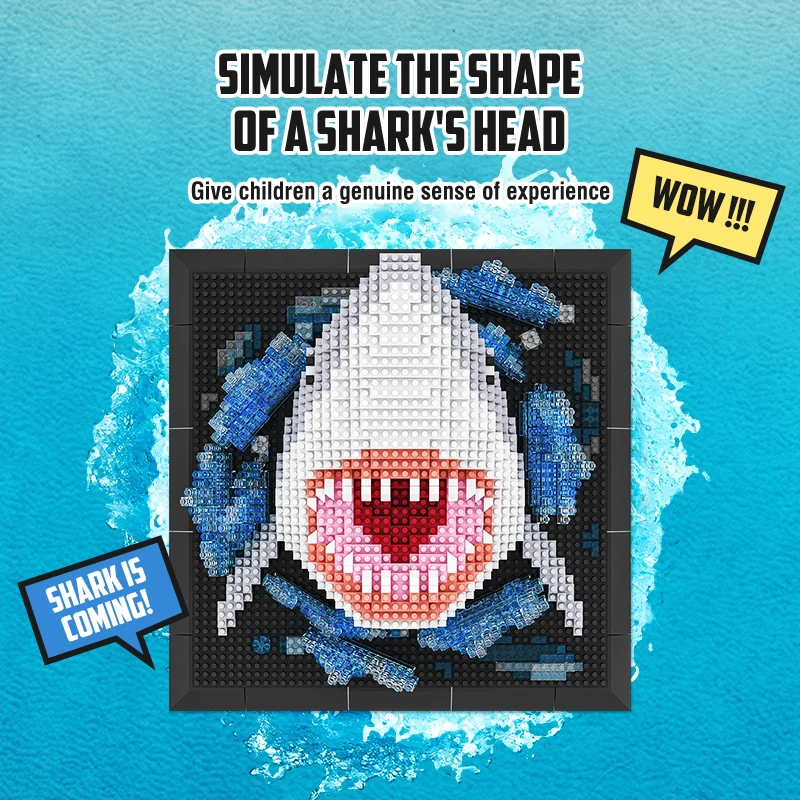 3D Shark Building Set Animal Head Design Wall Hanging Art Decor DIY Assemble Bricks Set Educational Puzzle Toy for Kids Gift