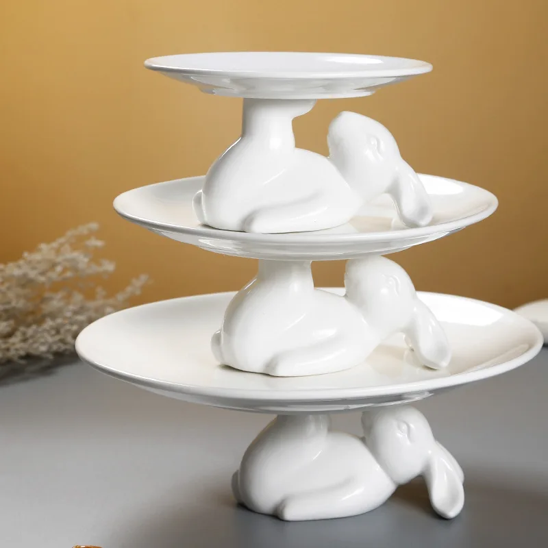 Elegant White Ceramic Dessert Plate Set Rabbit Saucer Round Glazing Dishes 2pcs Creative Party Serving Dinnerware Set Cake Plate