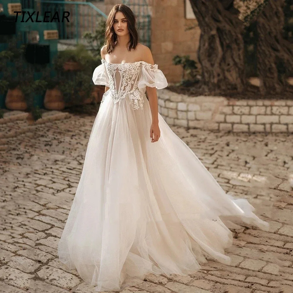 

TIXLEAR Modern A-Line Wedding Dress Scoop Neck Short Sleeves Lace Appliques Zipper Back Bridal Gown Illusion Vestidos De Novia