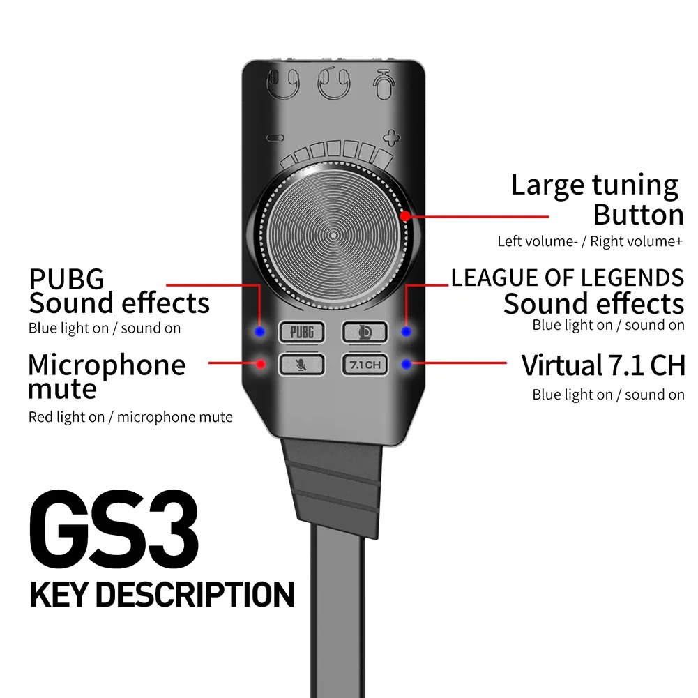 GS3 7.1 채널 사운드 카드 USB 오디오 인터페이스 변환기 컴퓨터 PC 노트북 게임용 외부 사운드 카드 헤드셋 스테레오 어댑터
