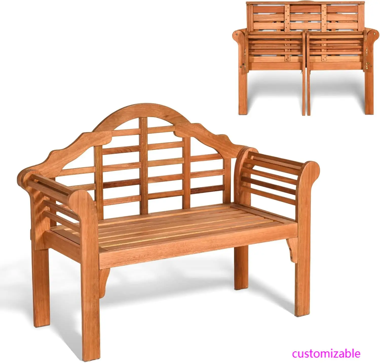 Outdoor Wood Bench, 4 Ft Foldable Eucalyptus Garden Bench, Two Person Loveseat Chair Solid with Curved Backrest