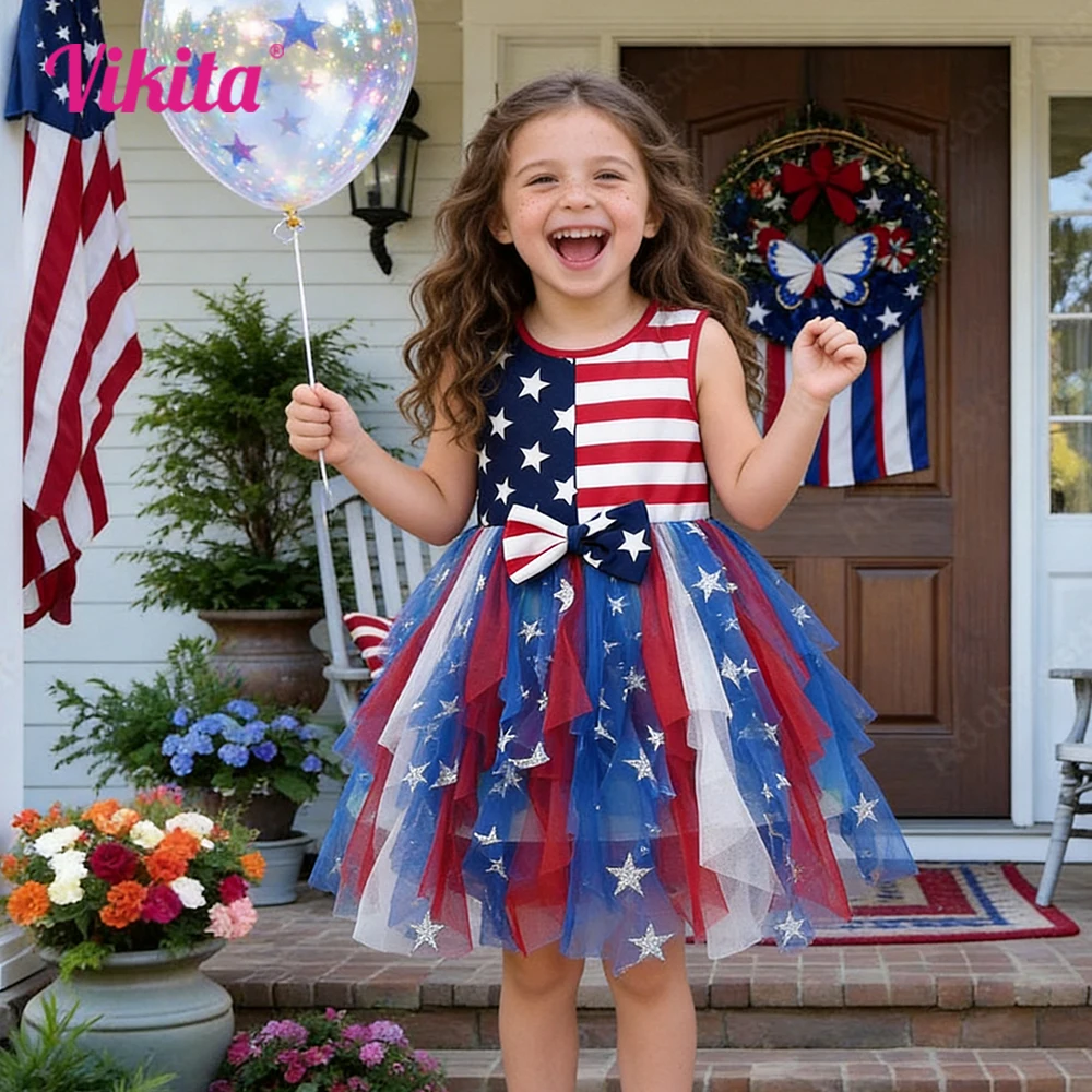 Mädchen-Tutu-Kleid mit Flagge, Sternen und Streifen, ärmellos, für den Sommer, für Kinder, Party, Cosplay, Tüll, Unabhängigkeitstag-Kleider