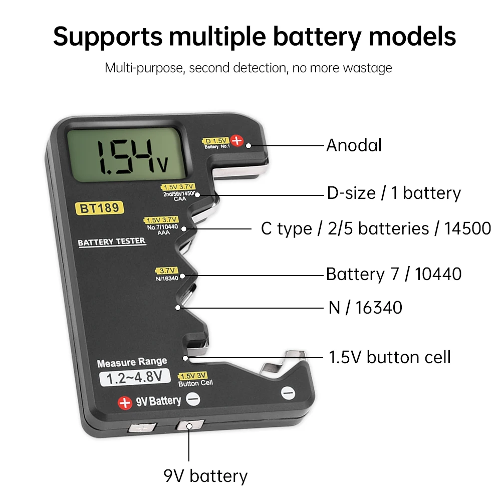 BT189 Battery Tester LCD Display Universal Battery Checker for AA AAA 9V 1.5V/3V Button Cell Batteries Monitor LED Digital 5