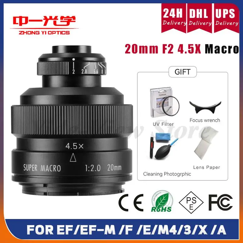Zhongyi 20Mm F2 4.5X Obiettivo Macro Full Frame Per Canon Ef/Ef-M Nikon F Sony E Pentax K Olympus M4/3 Fuji X Sony A Micro Fotocamera Reflex