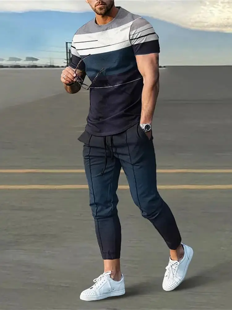 

2023 Men Clothing Tracksuit Set 2 Piece Sets Short Sleeve T Shirt+Sweatpants Suit Men Streetwear Vintage Sweatshirt Oversized