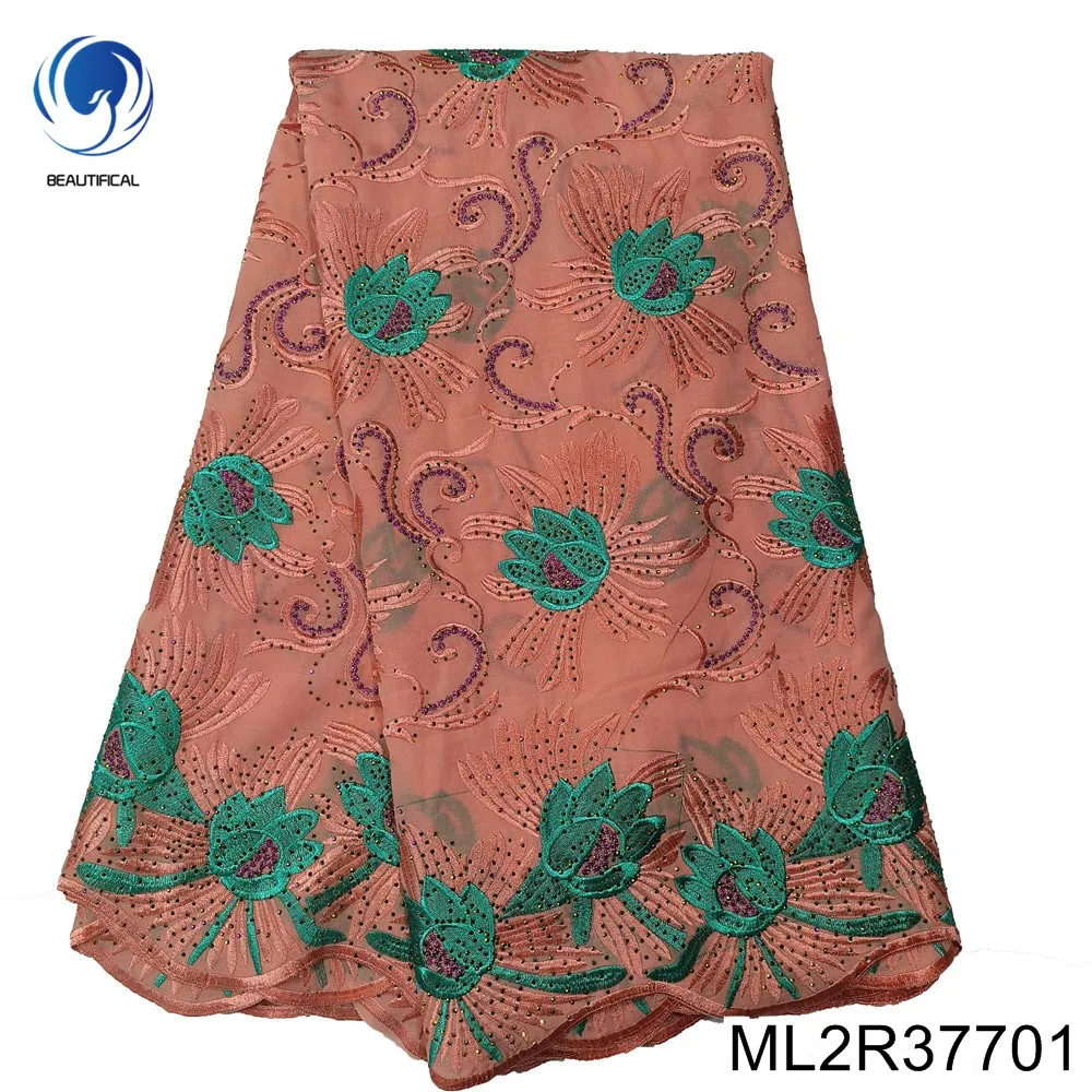 

5 Yards Embroidery with Rhinestone Nigerian Swiss Voile Cotton Lace Fabric Best Sellers Mture Lady Formal Evening Dress ML2R377