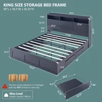 King Size Wood Bed Frame with 50" Tall Storage Headboard, LED King Size Platform Bed Frame w/4 Drawers, Charging Station 2