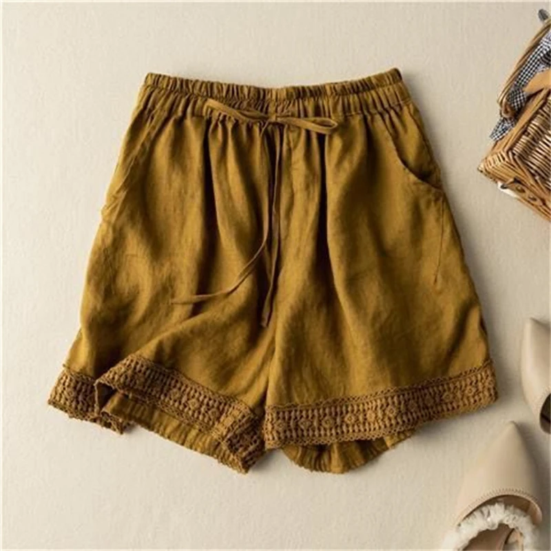 Summer Women Vintage Lace Patchwork High Waist Cotton Linen Short Pants Female Simple Casual Streetwear Loose Y2K Beach Shorts