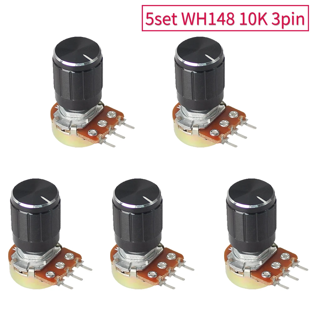5 Set 10K WH148 linear potentiometer Resistor Kit 15mm Shaft Black Aluminum Alloy Knob Cap 3Pin Resistance for Arduino