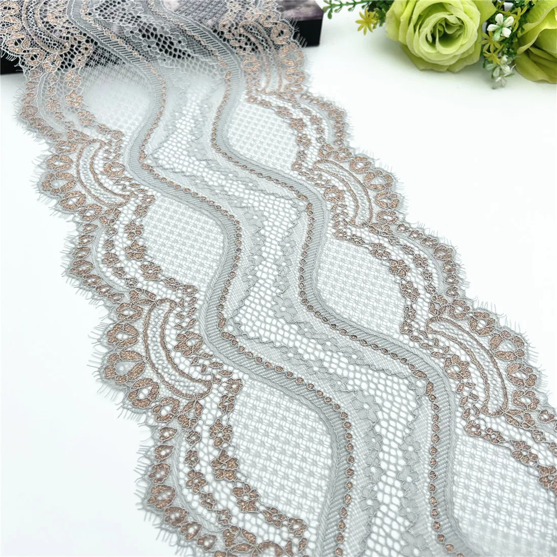 3y/lot Width 7 inch (18cm) Light Grey With Rosegold Elastic Trim 1