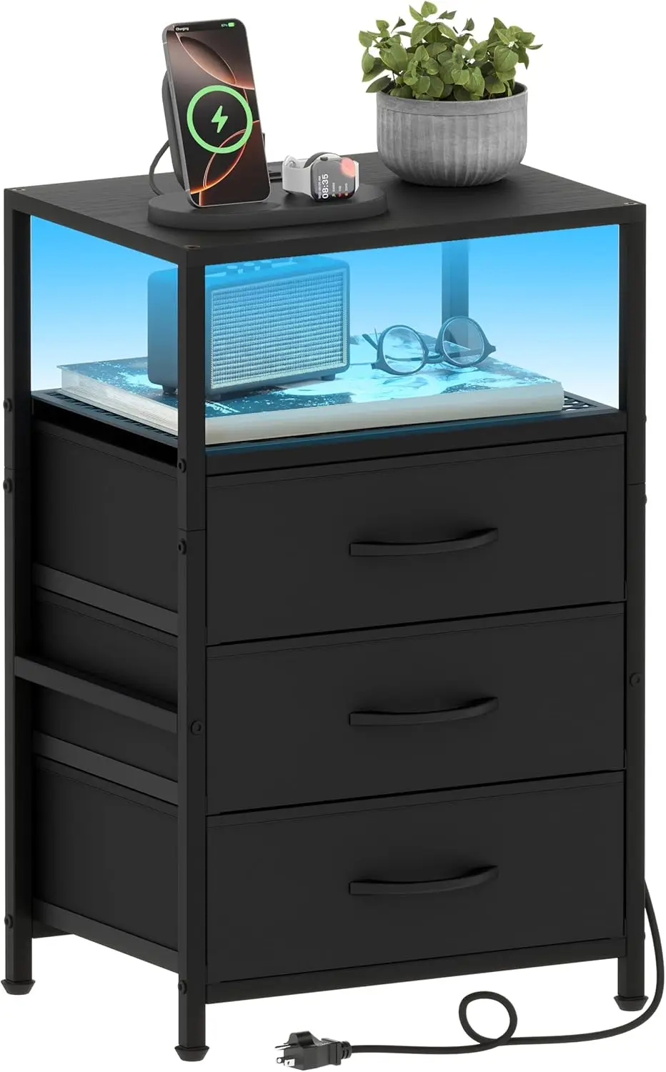 Modern LED Nightstand with Charging Station, Fabric Drawers, and Open Shelf for Bedroom in Black