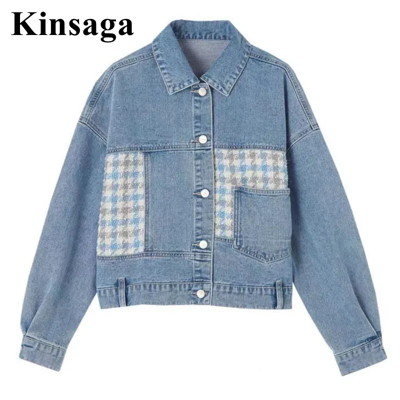 

Women Streetwear Plaid Patchwork Jeans Jackets Korean Fall Boyfriend Loose Oversized Denim Coat Buttoned Up Cardigan Jean Jacket