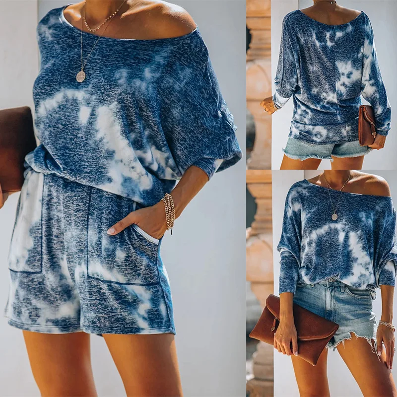 

Casual Tie Dyed Printed Blouse 2 Two-piece Sets Woman Shorts Suit Fashion Blue Loose Vintage Long Sleeve Outfit for Women 27095