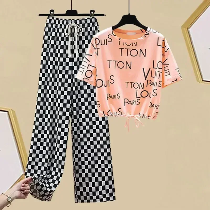 

2023 New Korean Wide Leg Pants Women's Set Summer Letter Short Sleeve T-shirt Two-piece Loose Fashion Casual Pants Set